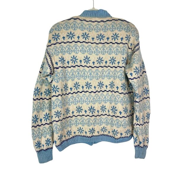 Handmade Wool Cardigan Sweater Womens Cream Blue Fair Isle Knit Scotland Nordic - Picture 2 of 16